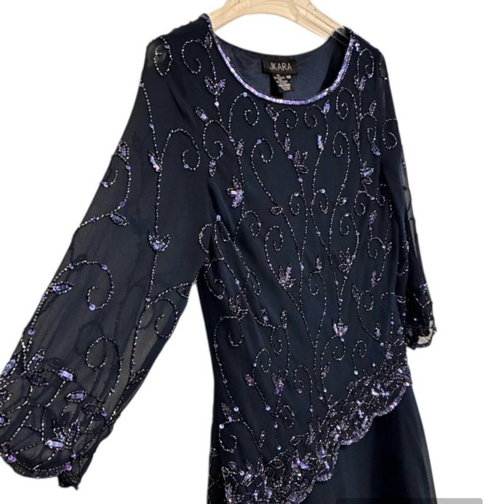 J Kara Navy Beaded Overlay Evening Dress Size 10 Petite - Picture 5 of 7